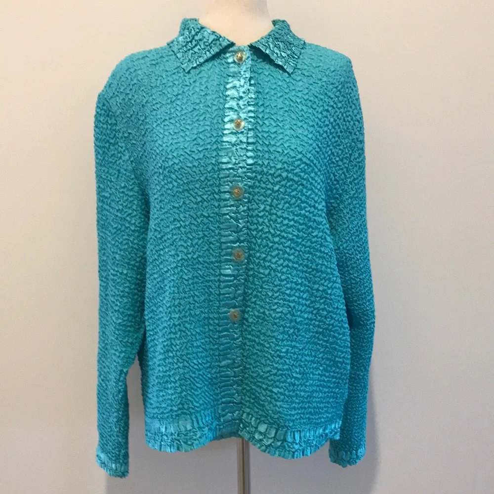 Sleeveless Teal Sequin Tank Top with Matching Button Down Blouse - Picture 3 of 17